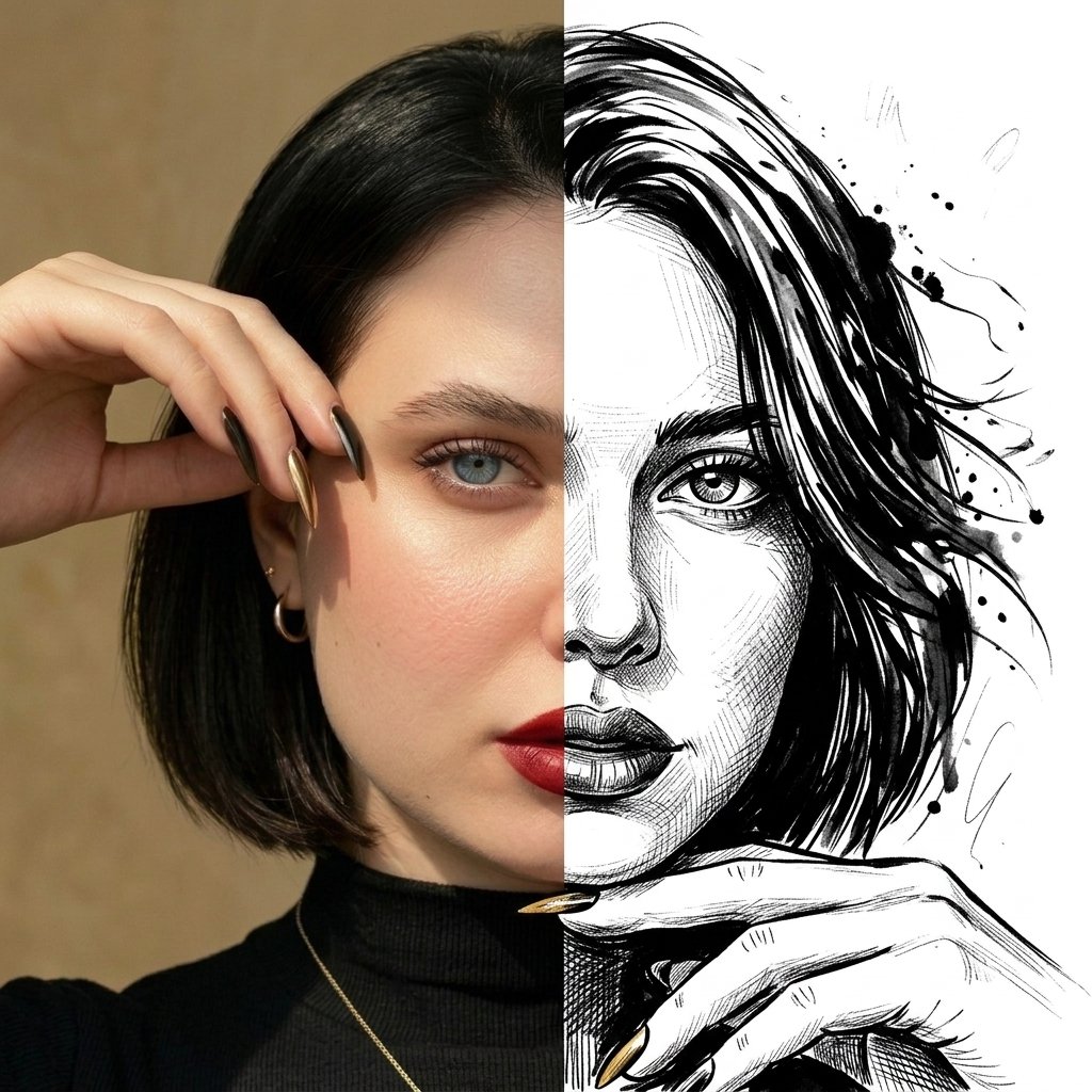 Sample output image for Split Face Photo and Ink Illustration