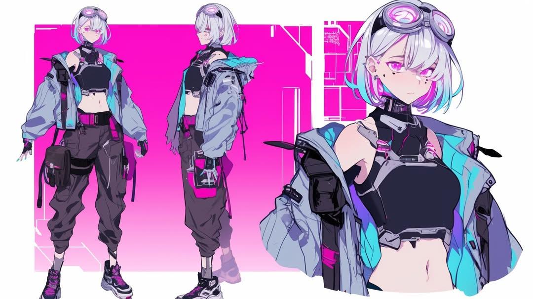 Cyberpunk Hacker Girl Character Design Sheet example 3