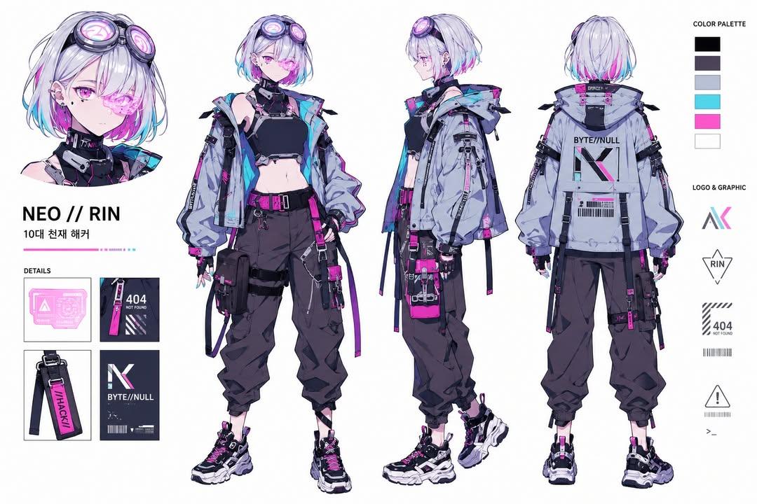 Cyberpunk Hacker Girl Character Design Sheet example 2