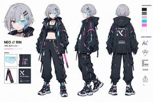 Cyberpunk Hacker Girl Character Design Sheet