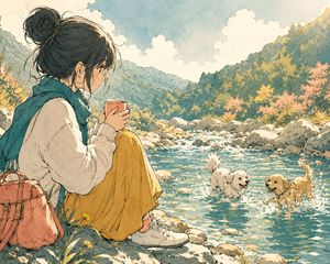 Anime Girl by River with Coffee