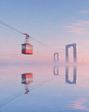 Red Cable Car Over Misty Water