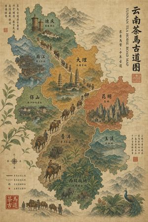 Vintage Yunnan Tea Horse Road Map