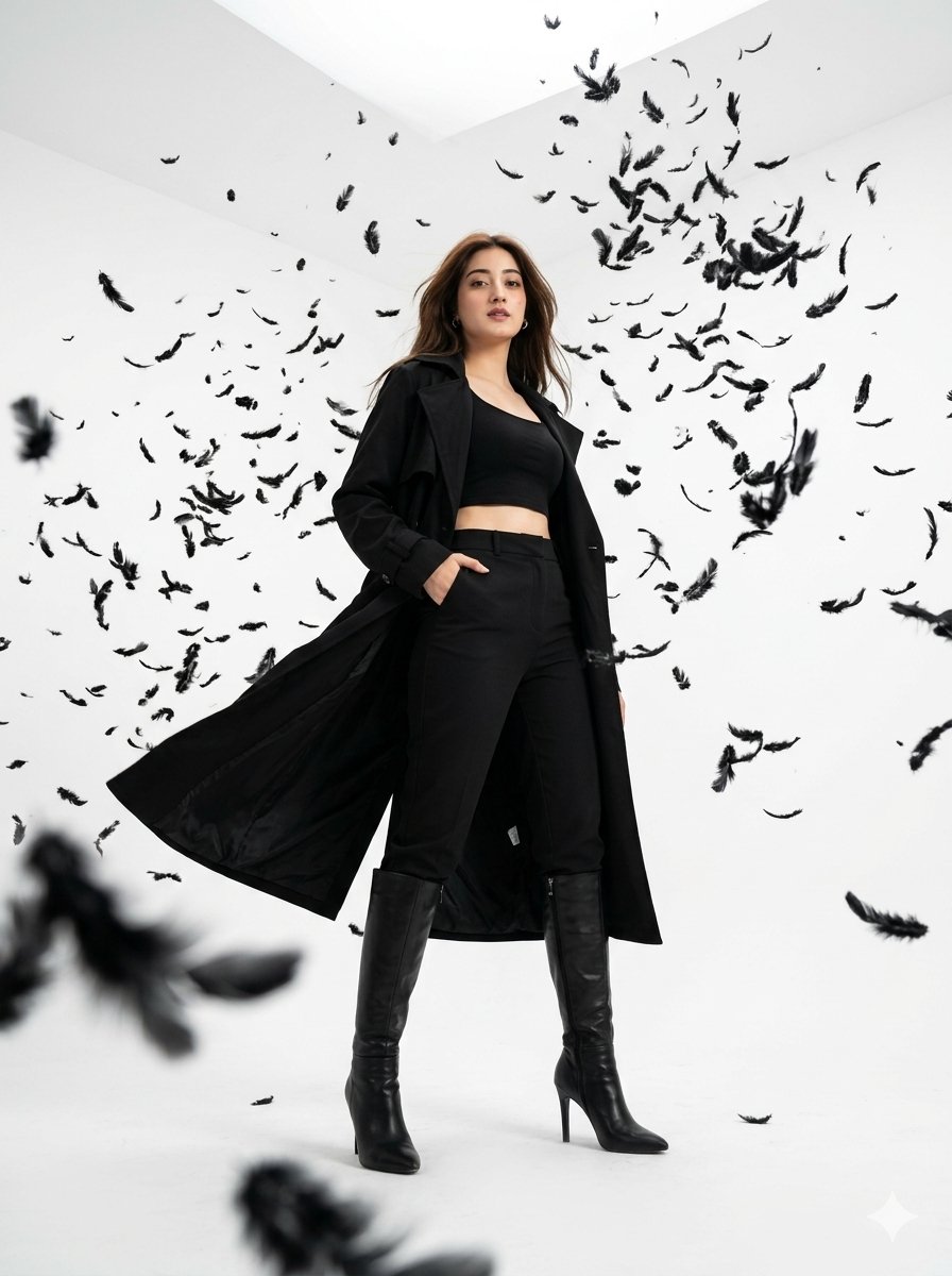 Sample output image for Dramatic Feather Explosion Fashion Shot
