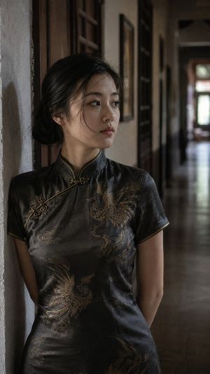 East Asian Woman in Silk Qipao