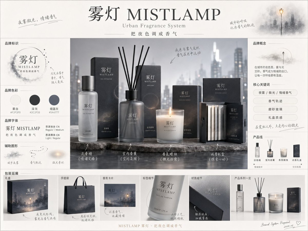 《品牌概念提案板》提示词：

请生成一张【画幅比例】的高完成度「品牌全案概念提案板 / Brand  example 2