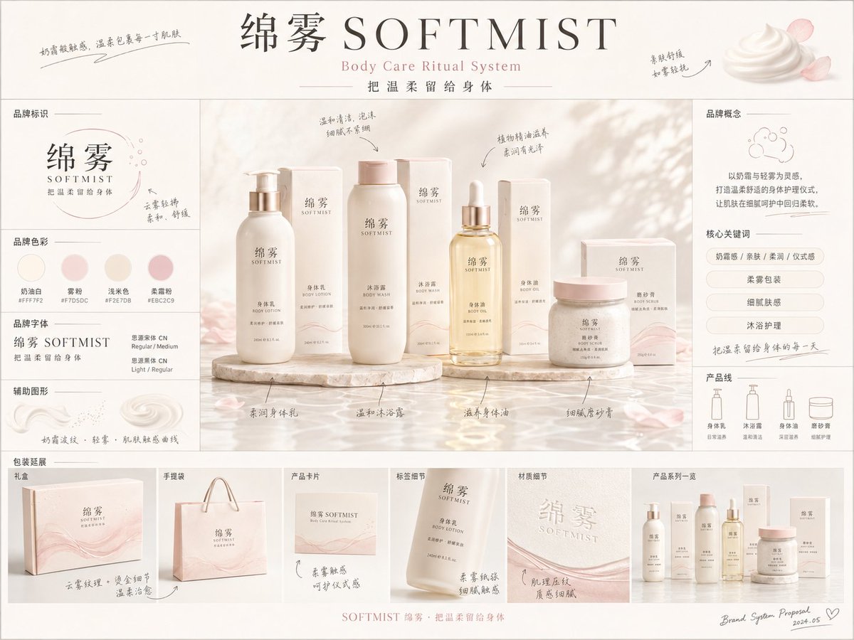 《品牌概念提案板》提示词：

请生成一张【画幅比例】的高完成度「品牌全案概念提案板 / Brand  example 3