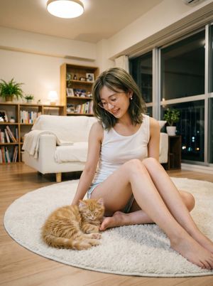 Cozy Apartment Woman With Kitten