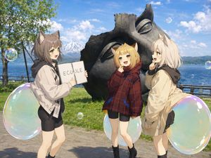 Anime Catgirls at Lakeside Statue