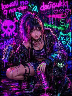 Neon Punk Graffiti Girl and Cat