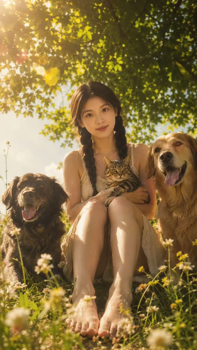 Golden Meadow Portrait with Pets