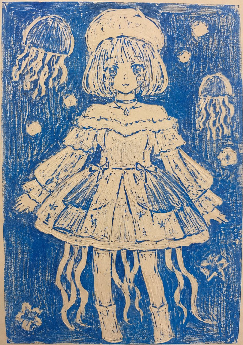 Monochrome Woodblock Character Postcard reference image 1