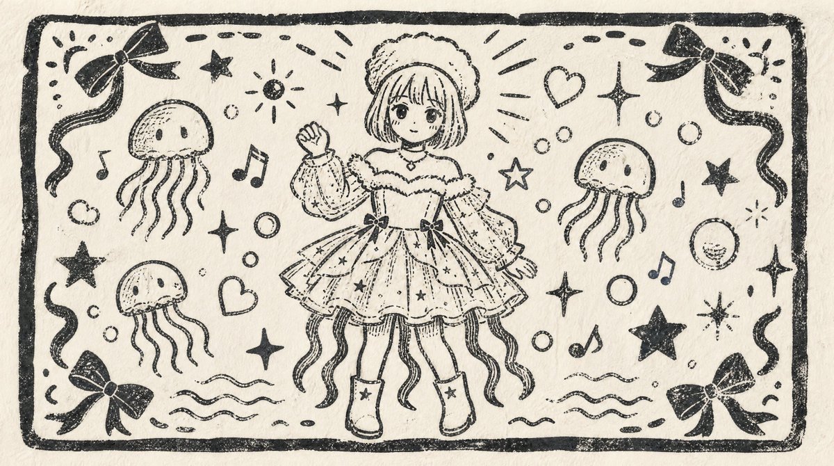 Monochrome Woodblock Character Postcard