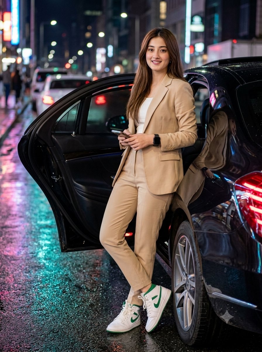Social Media Post - Elegant Woman with Luxury Sedan at Night - Image 1