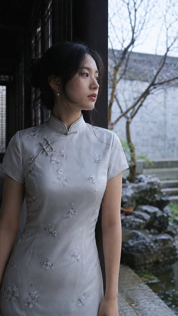 East Asian Woman in Silk Qipao Corridor Portrait