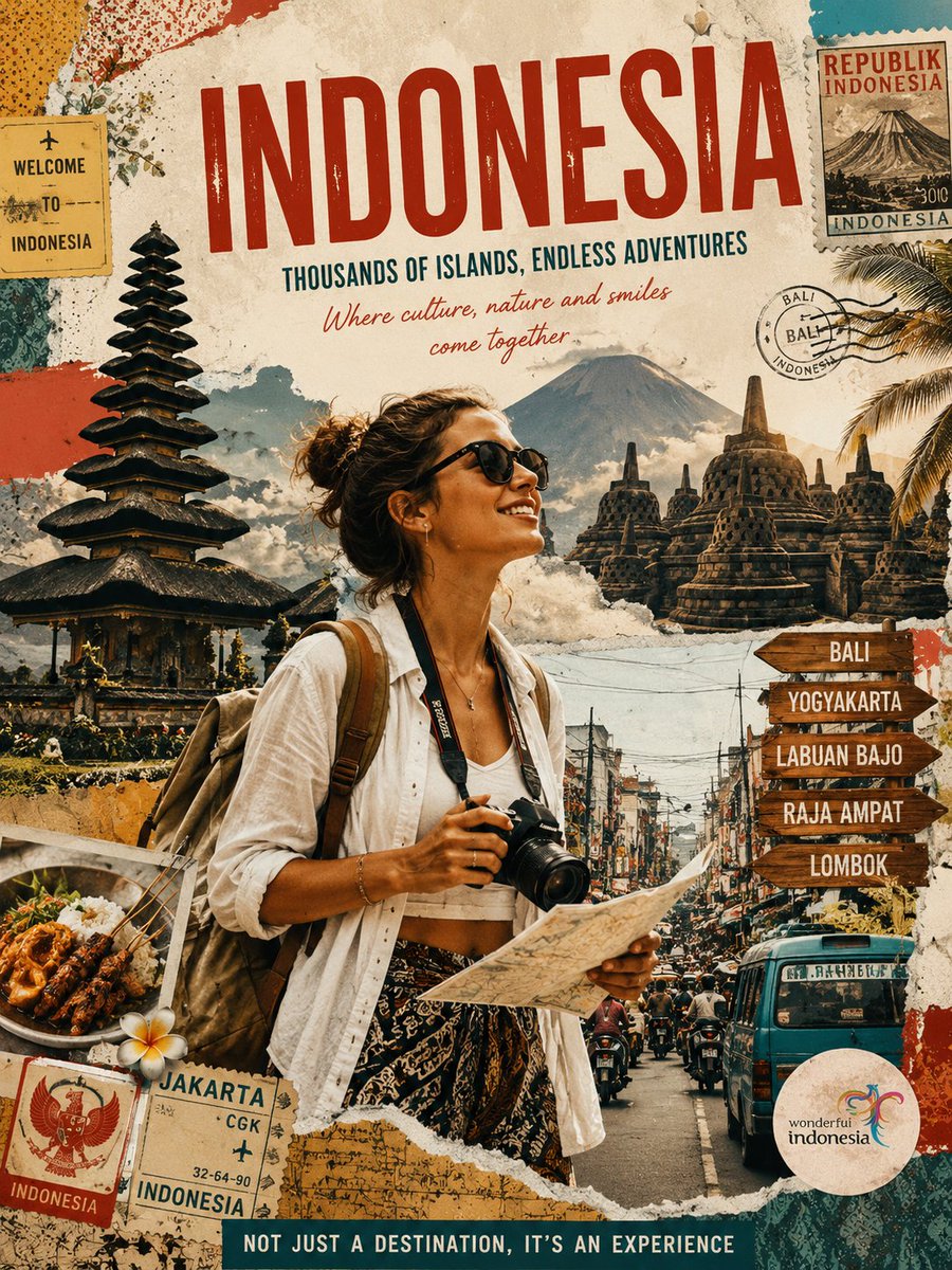 Vintage Indonesia Travel Collage Poster