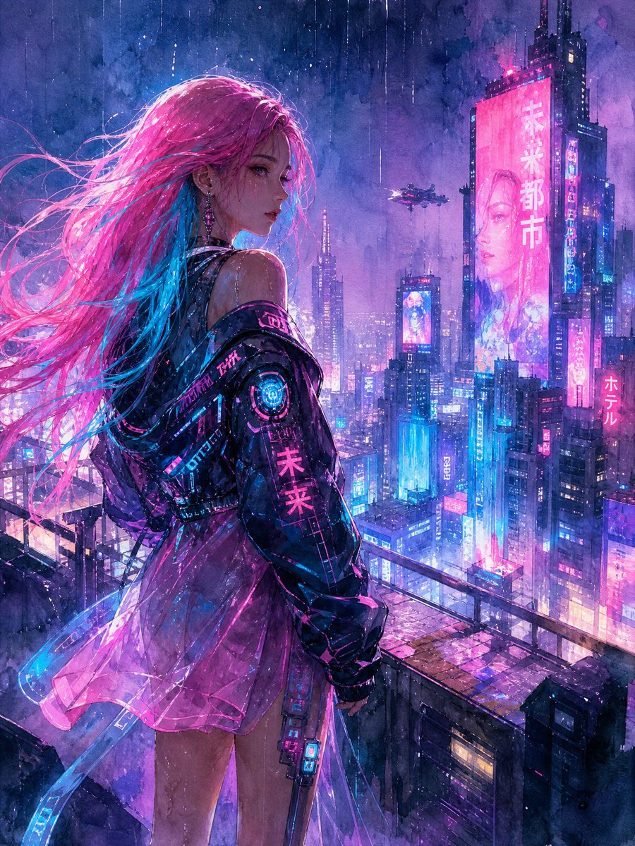 水彩赛博朋克屋顶少女