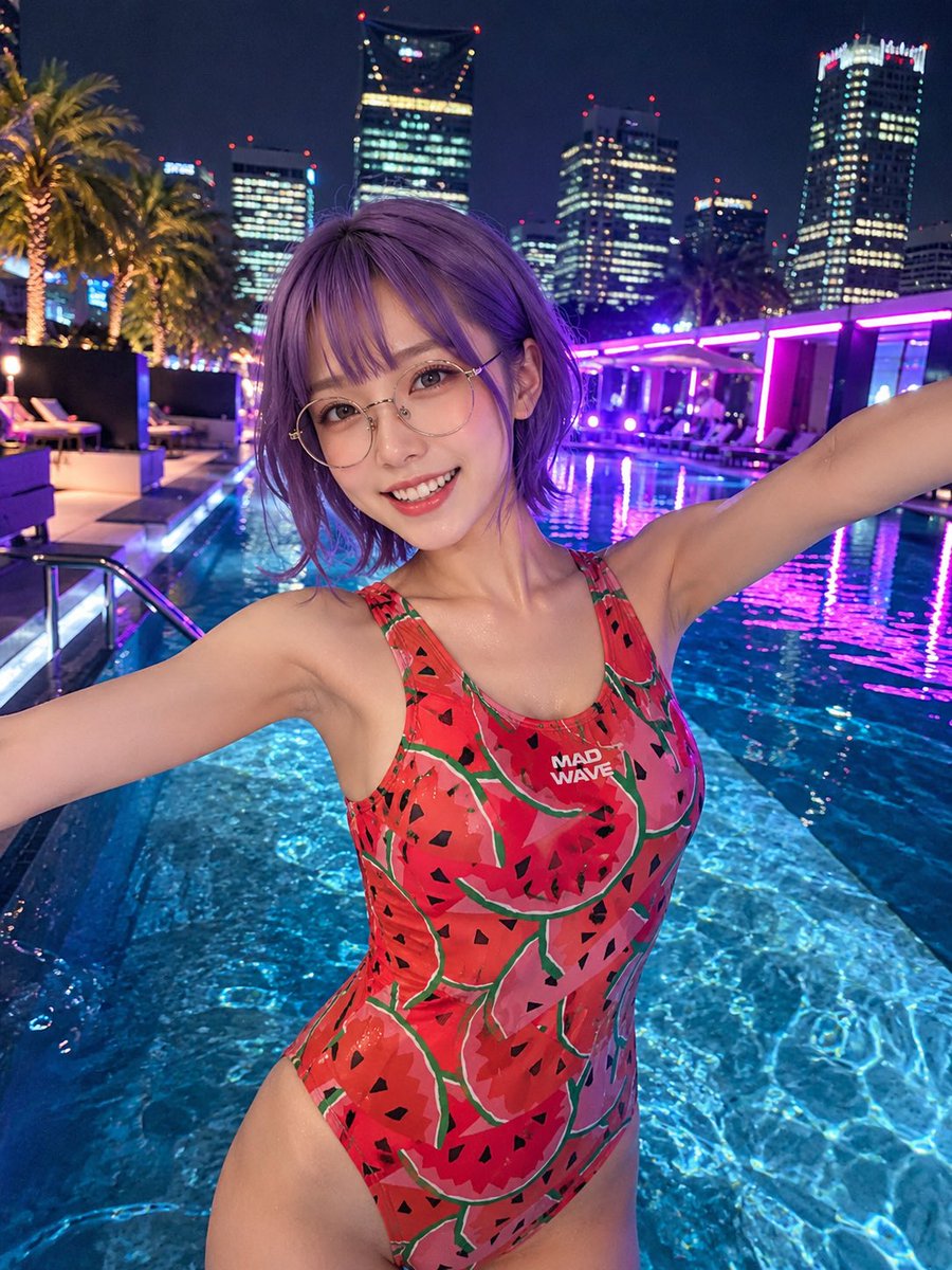 Rooftop Pool Night Swimsuit Photo