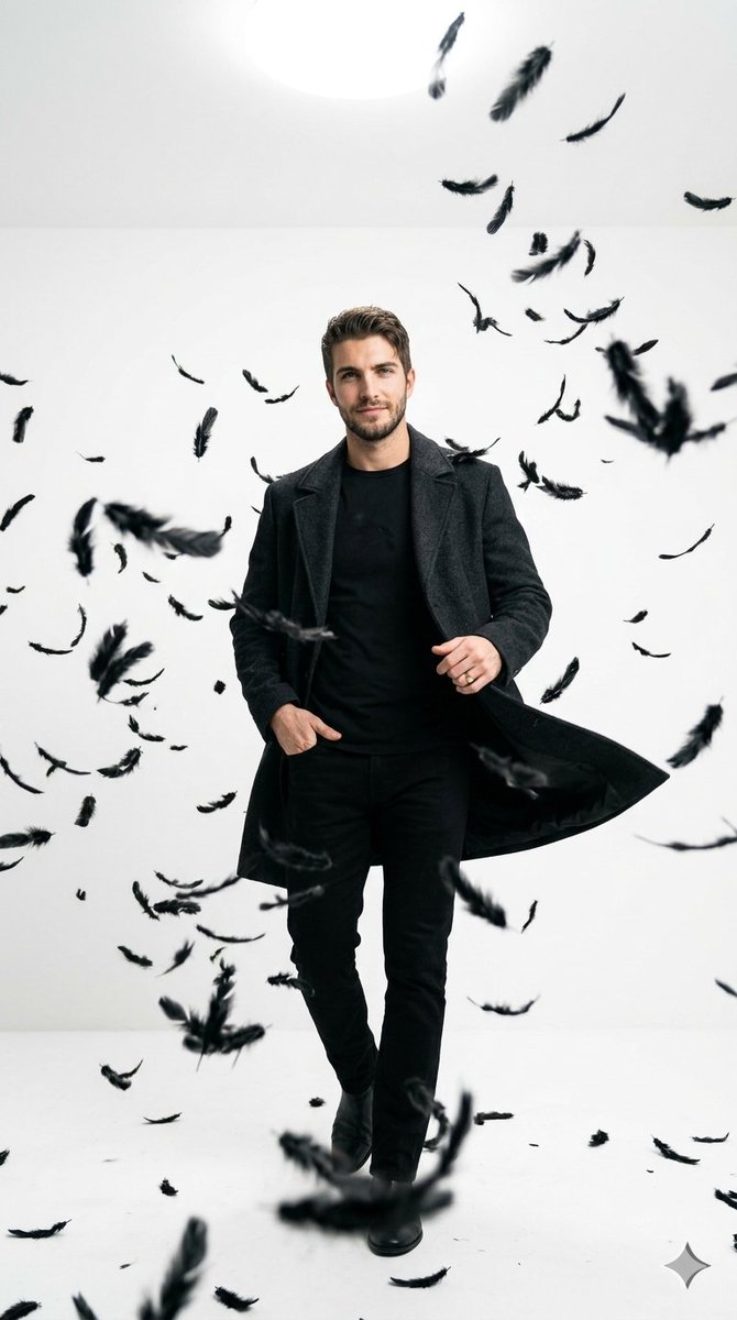 Cinematic Studio Portrait with Floating Feathers
