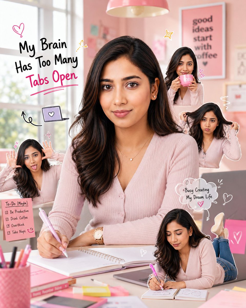 Creative Pink Office Portrait with Chibi Characters 案例图