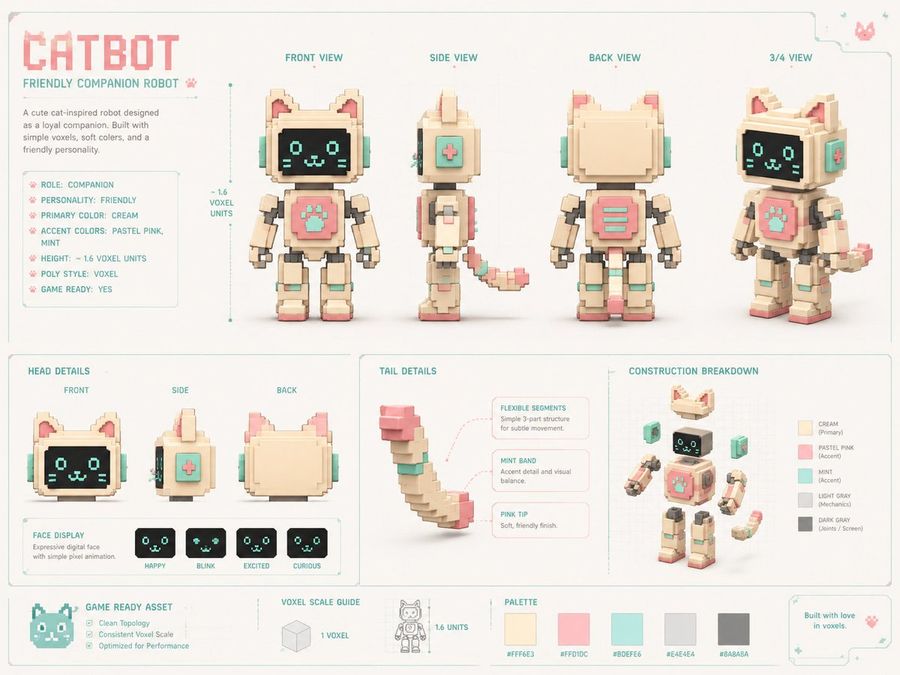 Voxel Cat Robot कॉन्सेप्ट शीट