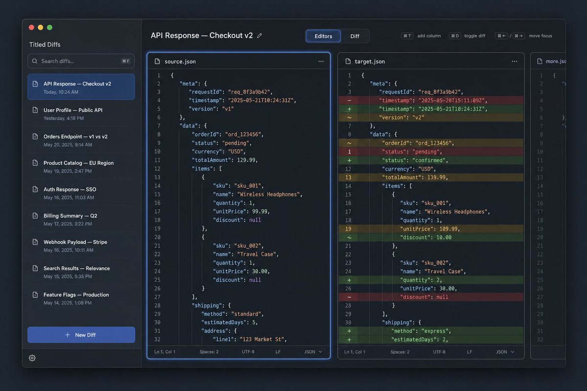 Dark JSON Diff Tool UI Mockup
