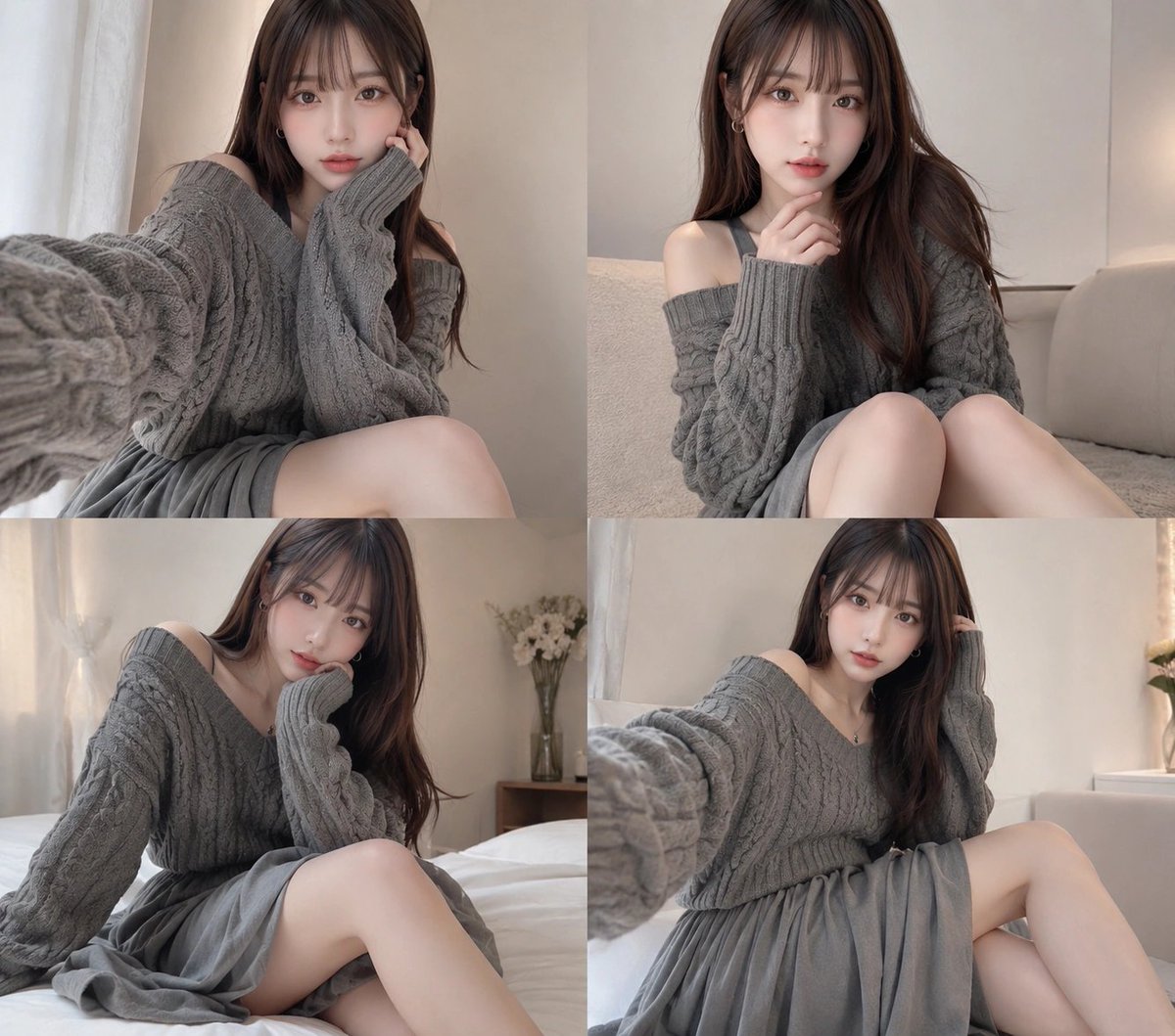 Four-Panel Cozy Gray Sweater Selfie Collage 案例图
