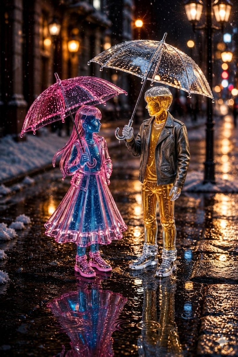 Sample output image for Whimsical Glass Couple in Winter Snowfall