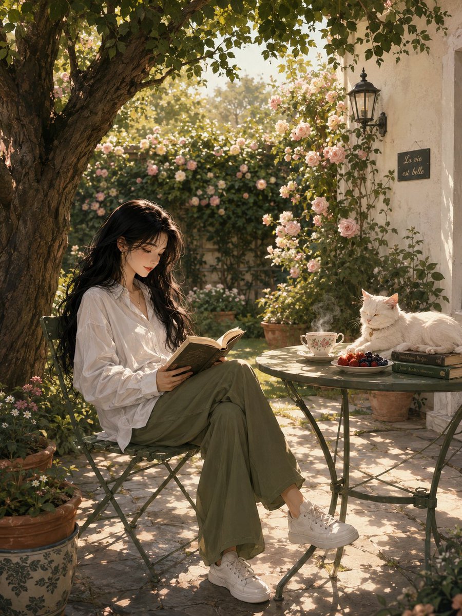 Serene Sunlit Garden Reading Scene