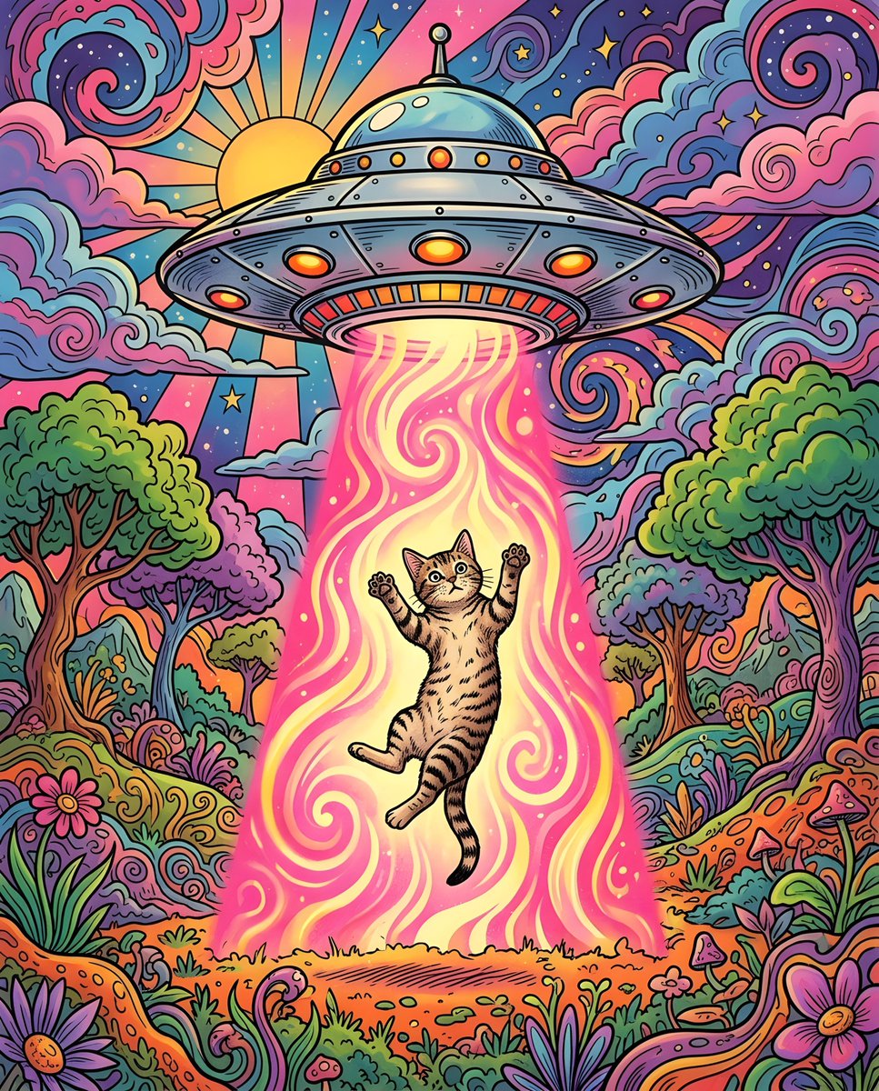 Sample output image for 1970s Psychedelic Cat UFO Abduction