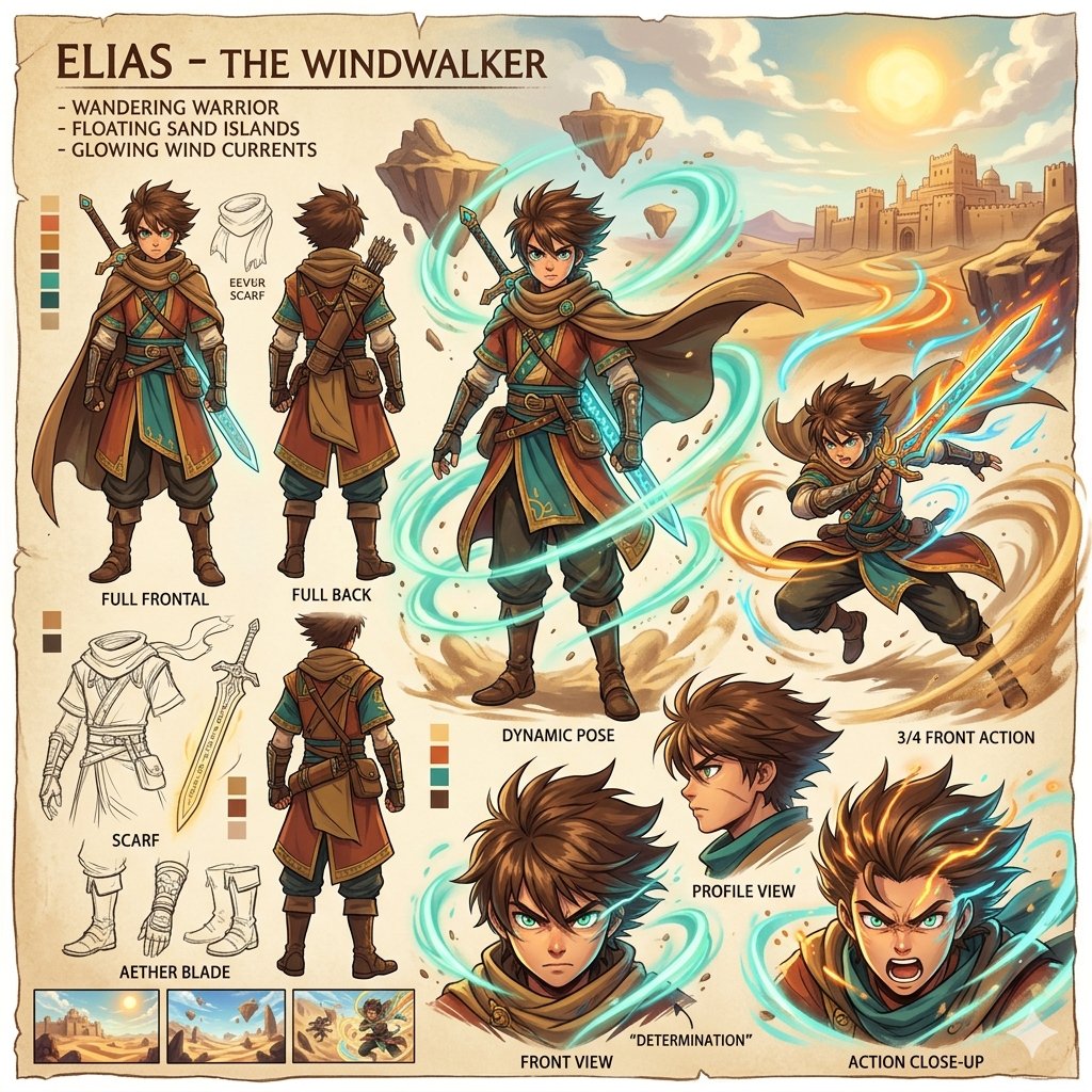 Sample output image for Anime Warrior Character Design Sheet