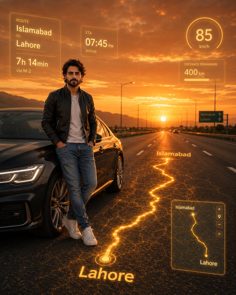 Photorealistic Man with HUD Navigation on Highway
