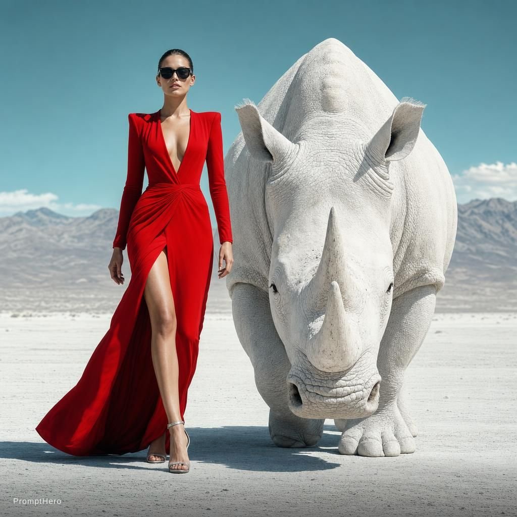 Surreal Editorial Fashion Model with Rhino