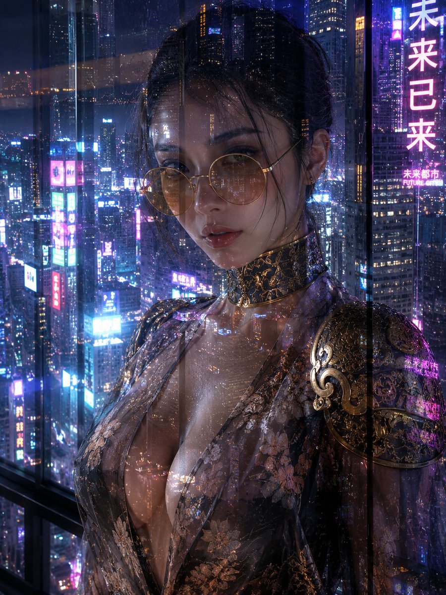 Cyberpunk Woman by Neon City Window