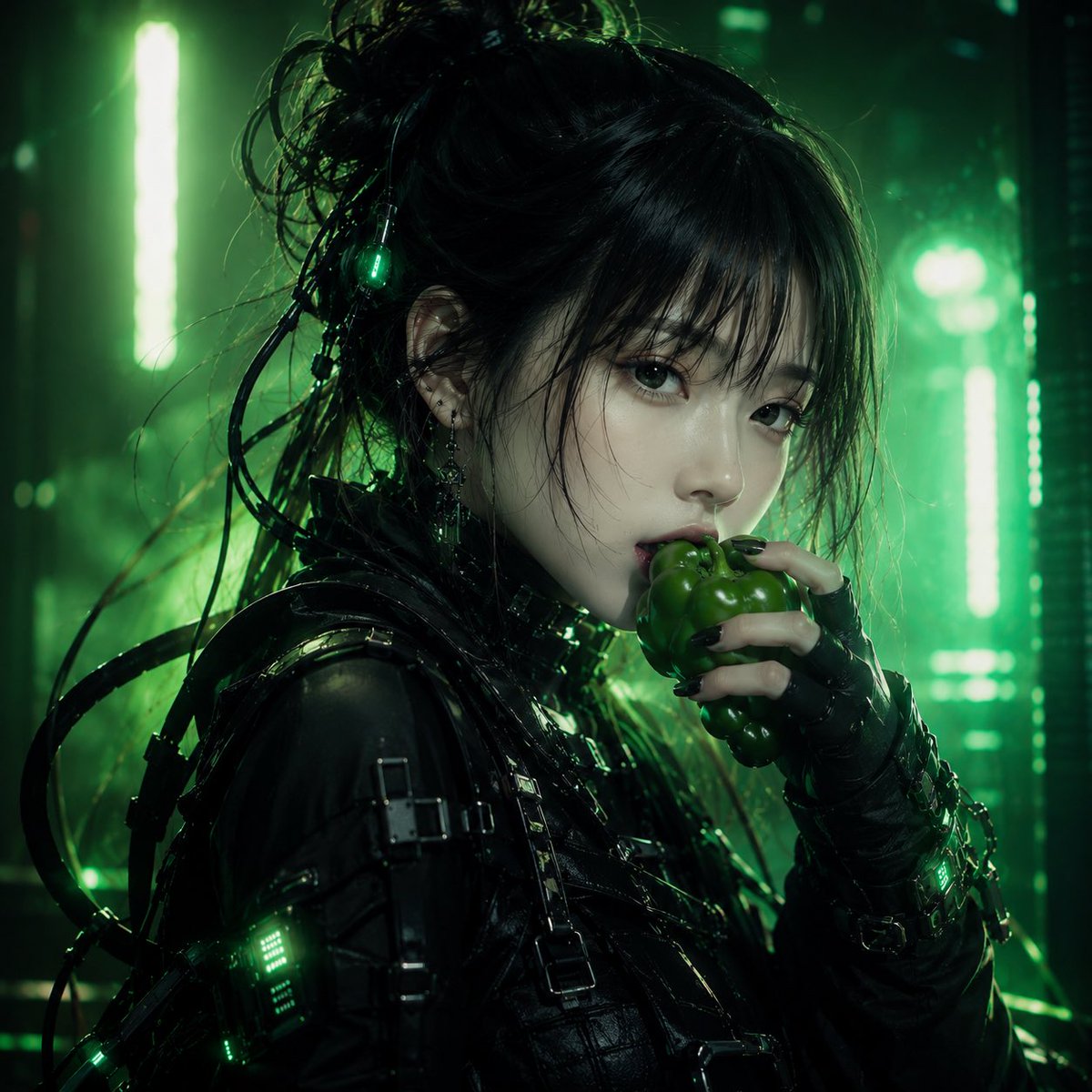Cyberpunk Woman Eating Bell Pepper