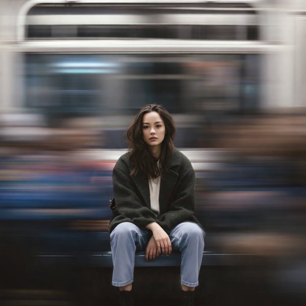 Still Woman on Fast Subway Platform