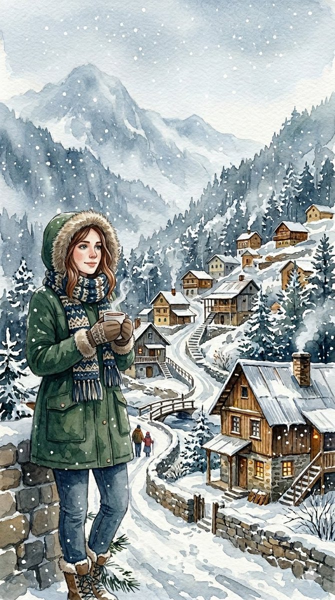 Sample output image for Cozy Winter Hill Station Watercolor