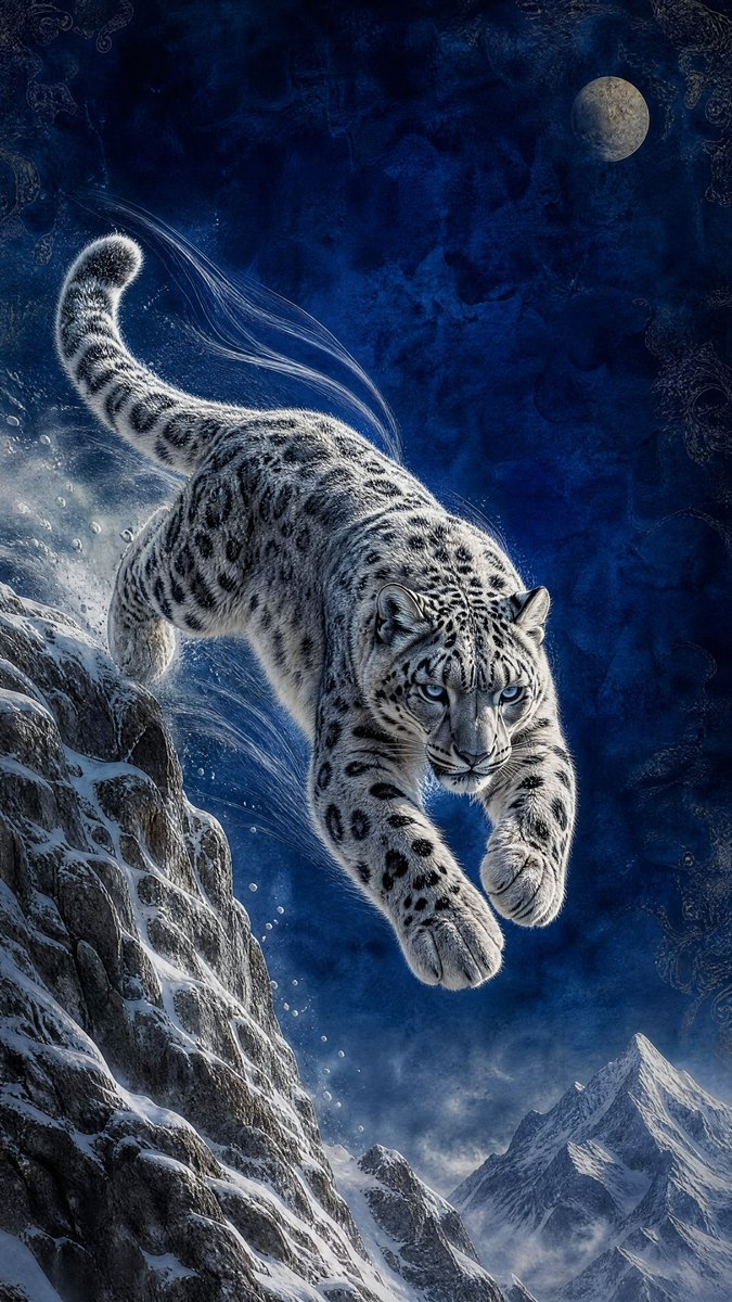 Moonlit Snow Leopard Leap