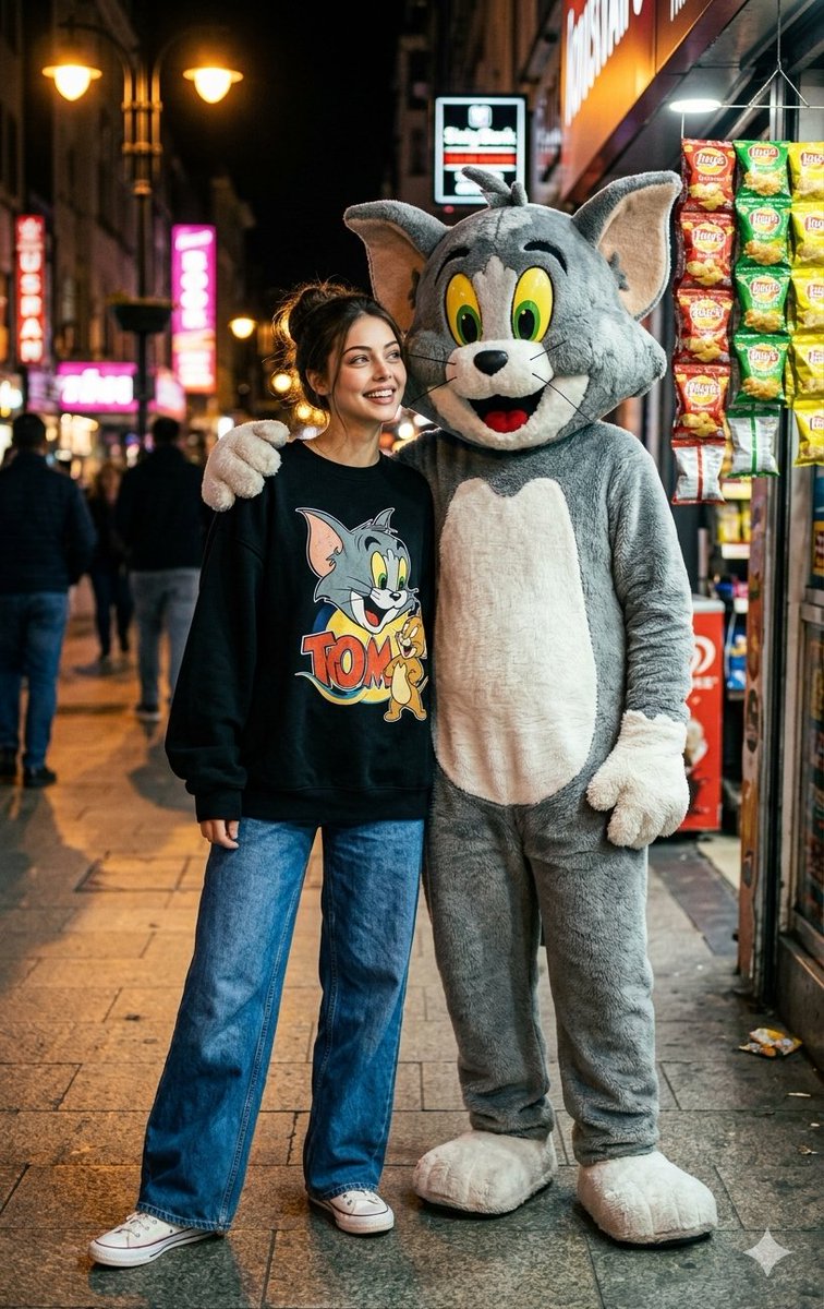 AI-промпт: Woman and Cat Mascot Street Encounter