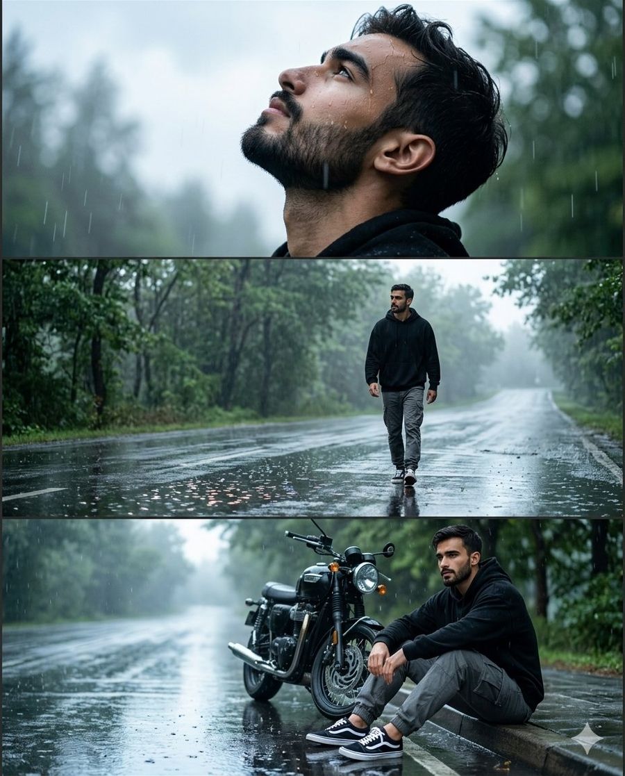 Collage cinématographique : route sous la pluie