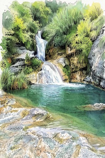 Sample output image for Tropical Oasis Waterfall Watercolor Illustration