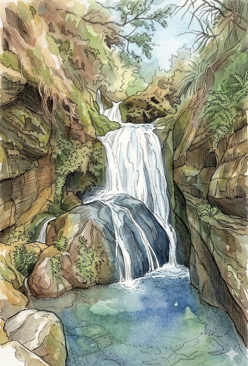 Tropical Oasis Waterfall Watercolor Illustration 2
