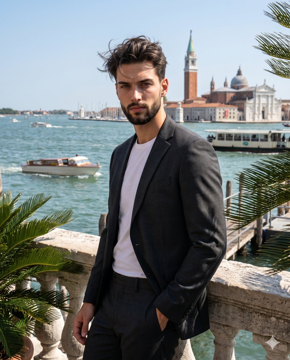 Sample output image for Upscale Mediterranean Travel Menswear Photography
