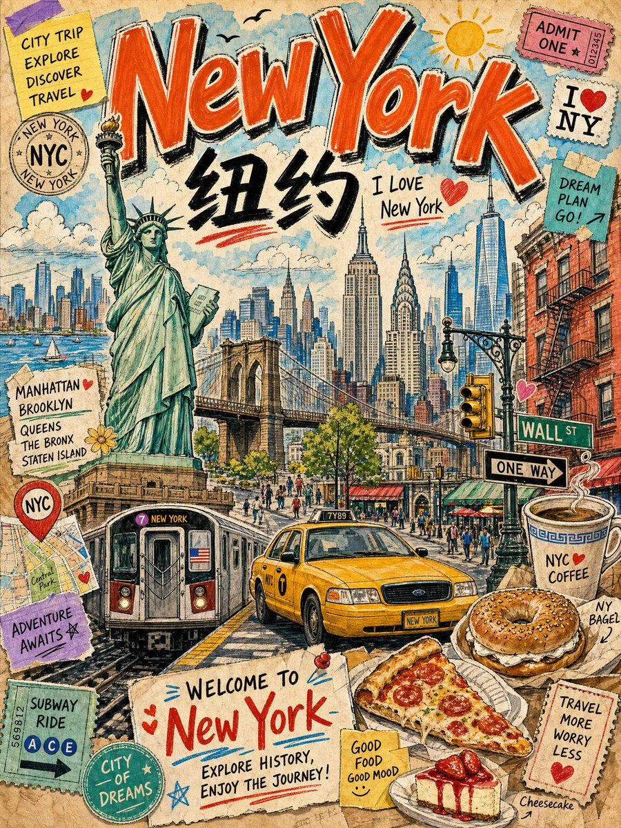 ヴィンテージ・ニューヨーク旅行コラージュ - GPT Image 2 AI Prompt
