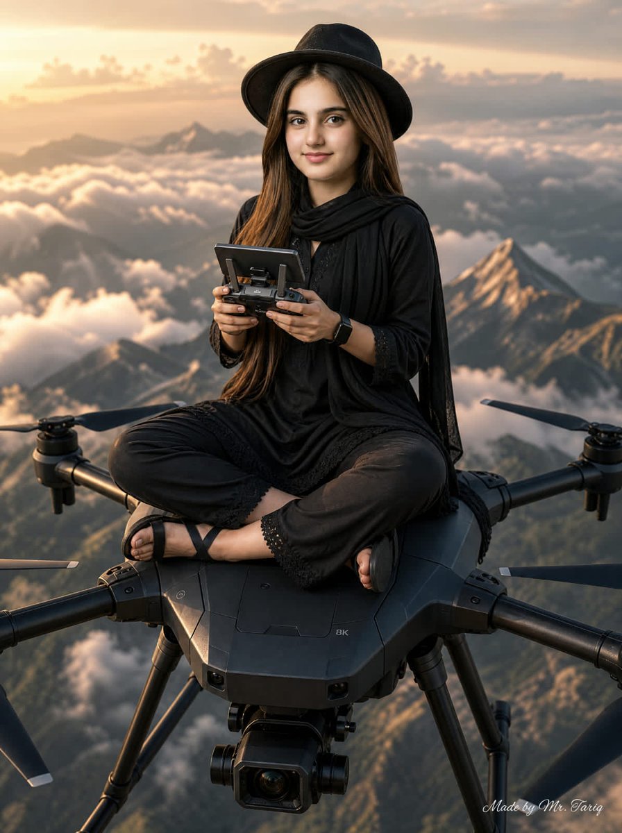 Woman Riding Giant Drone Above Mountains
