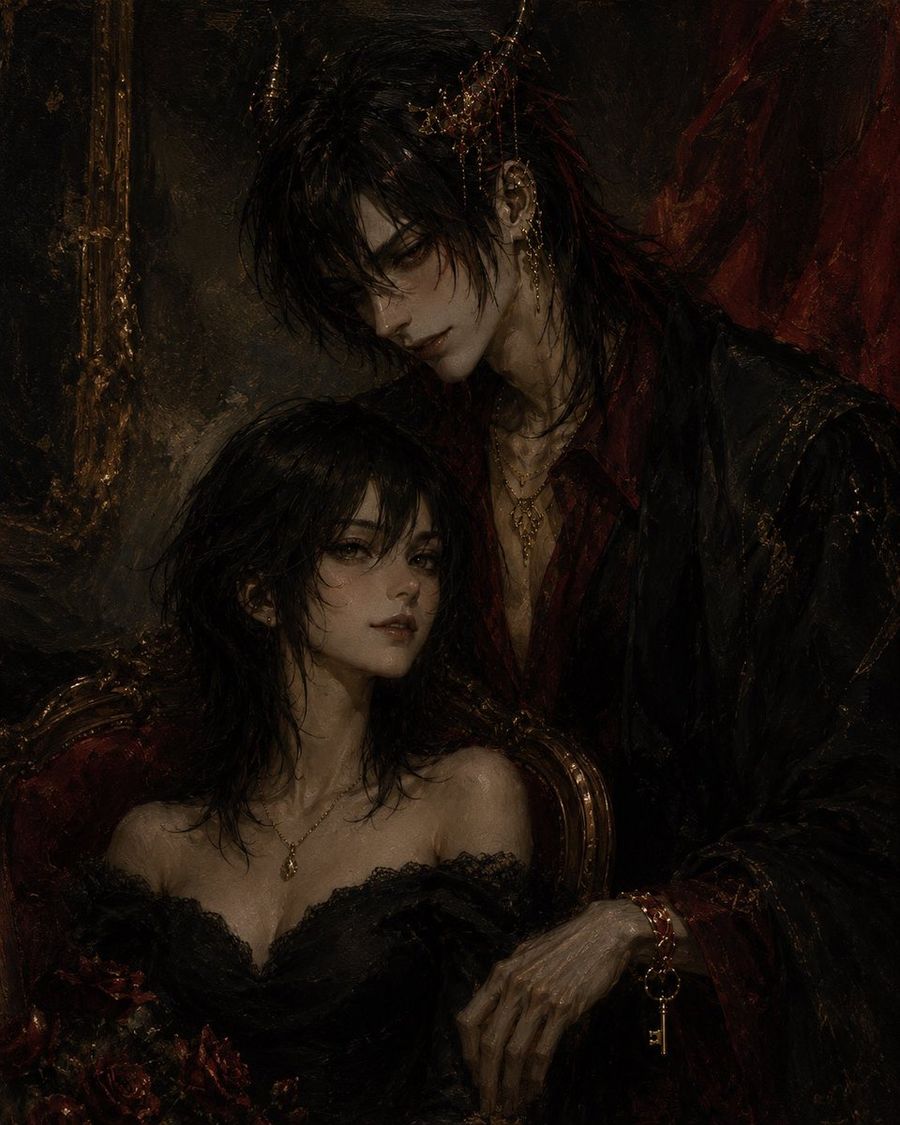 Retrato al óleo de pareja de vampiros góticos