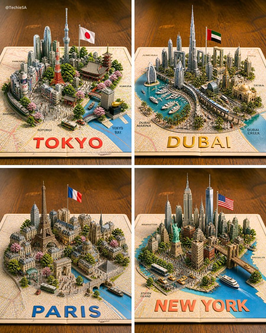 Cuatro mapas de ciudades en miniatura 3D