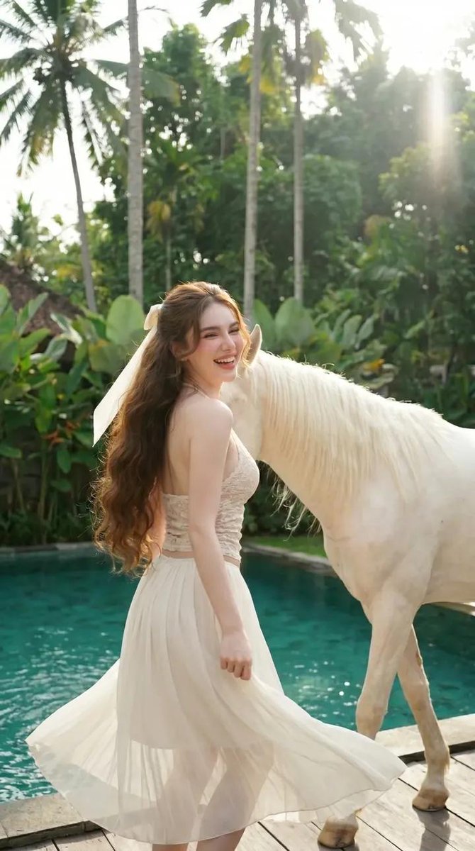 Poolside Woman and White Horse