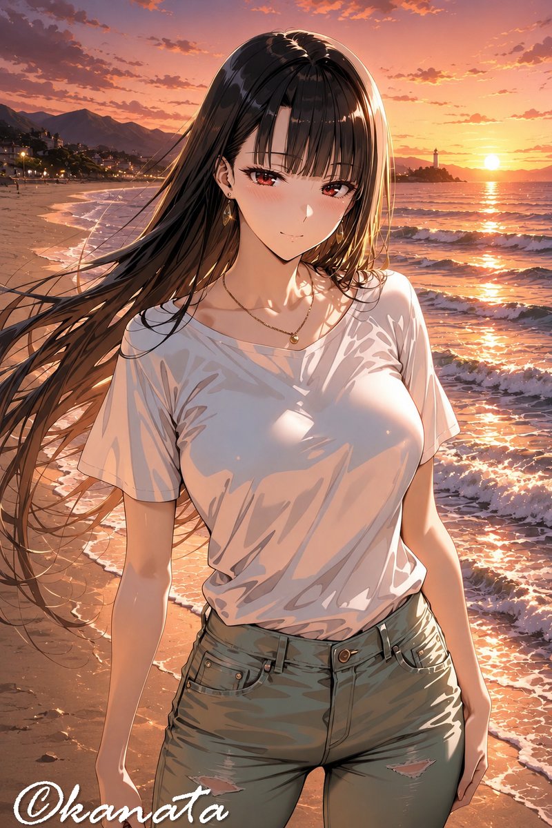 Anime Woman at Sunset Beach