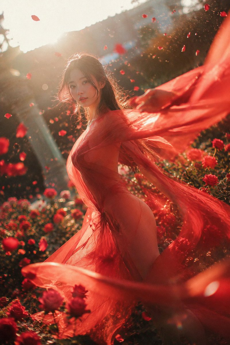 Crimson Rose Garden Fashion Portrait